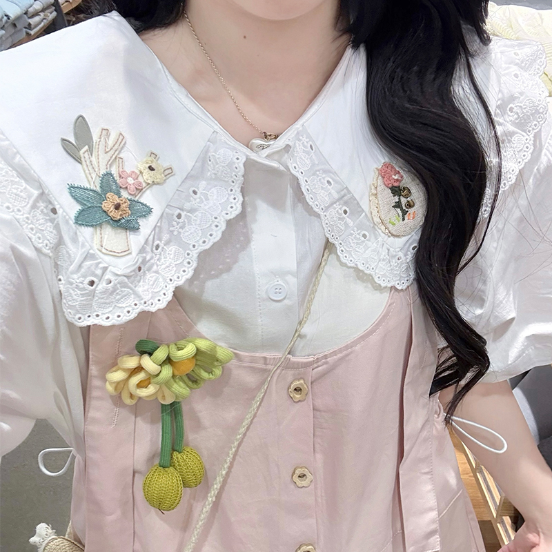 Japanese Preppy Cute Lace Spliced Mori Loose Overalls with White Versatile Shirt