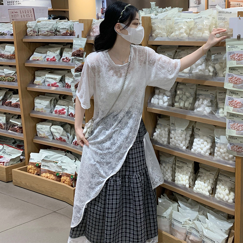 Sheer Lace Irregular Midi Sun Protection Cover-Up and Skirt Two-Piece Set