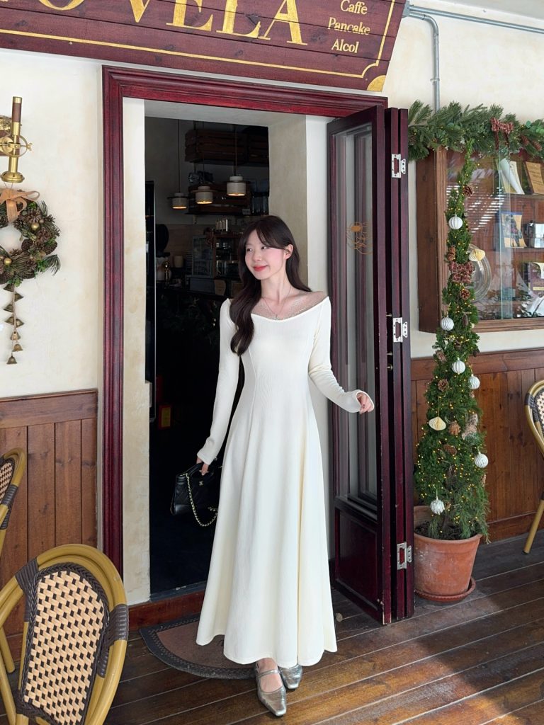 Women's U-Neck Long Sleeve Knit A-Line Dress - Sweet Slim Fit