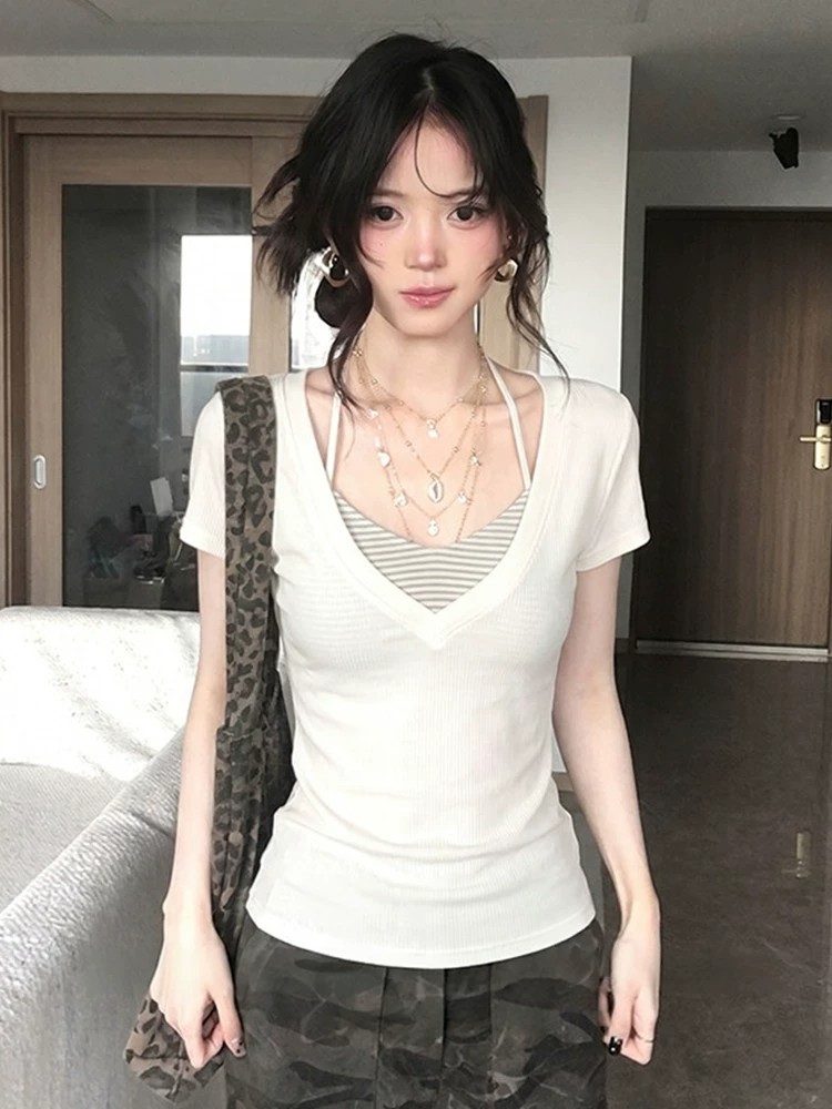 Women's V-Neck Short Sleeve T-Shirt and Striped Halter Cami Two-Piece Set