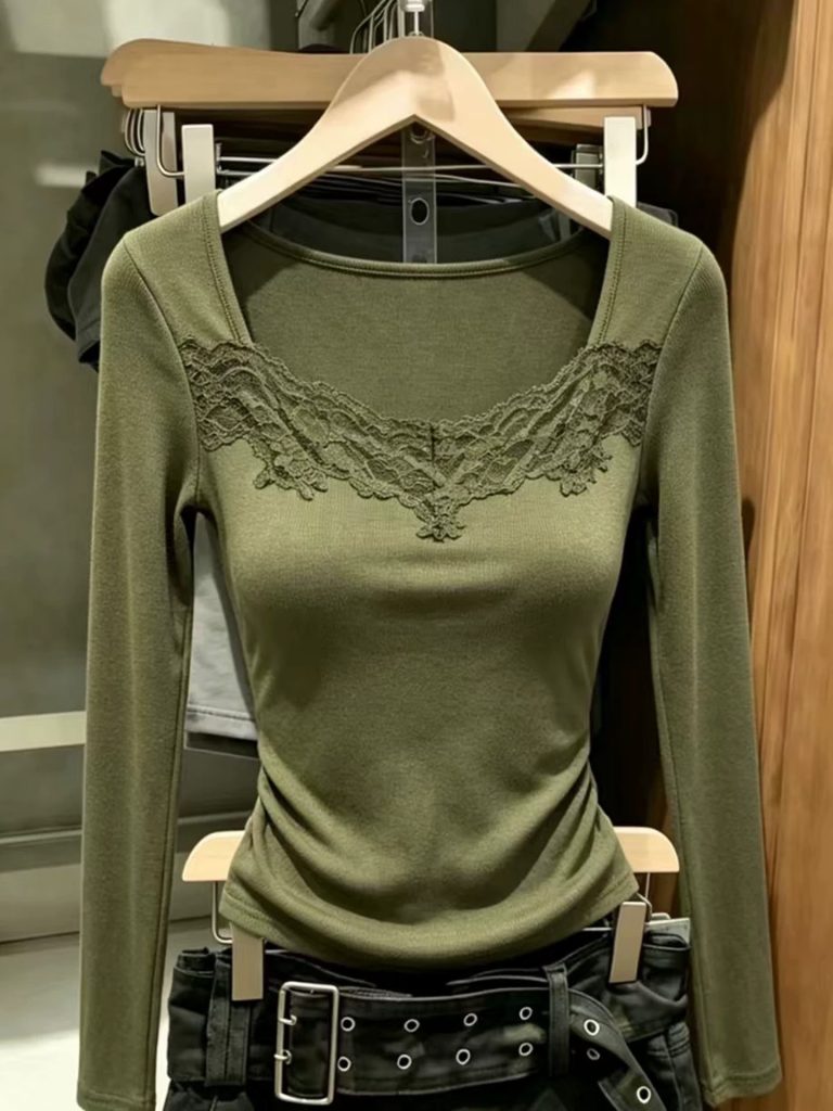 Elegant Dark Green Lace Panel Square Neck Long Sleeve T-Shirt for Women