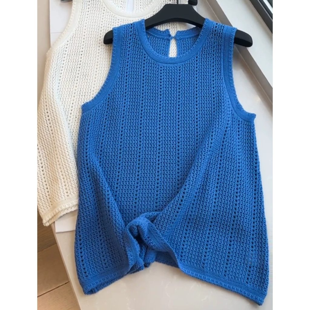 Blue Hollow Out Round Neck Knit Vest Women Summer Korean Style Sleeveless Tank Top