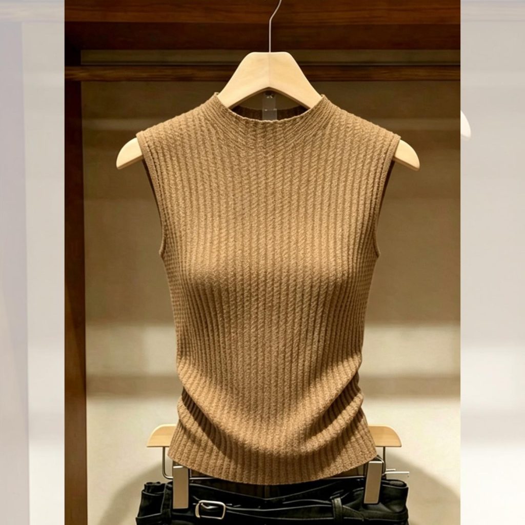 French Style Khaki Round Neck Sleeveless Knit Tank Top for Women Summer New Slimming Top