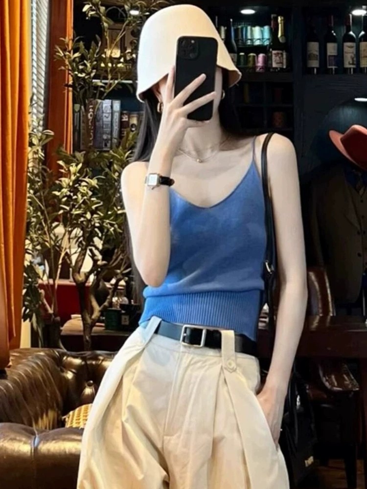 Korean Style Blue V-Neck Knit Camisole Tank Top for Women Summer Slim Fit Sleeveless Top
