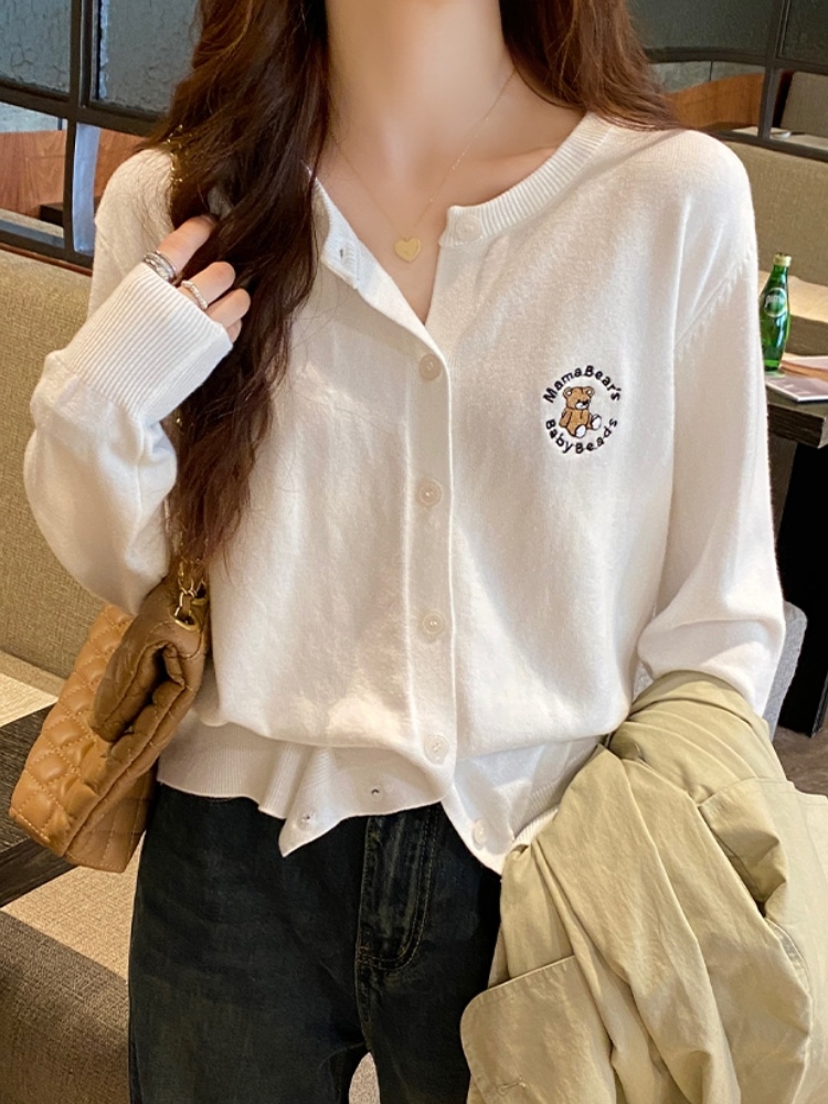 Women's Bear Embroidered Long Sleeve Knit Cardigan Preppy Style Slimming Outerwear