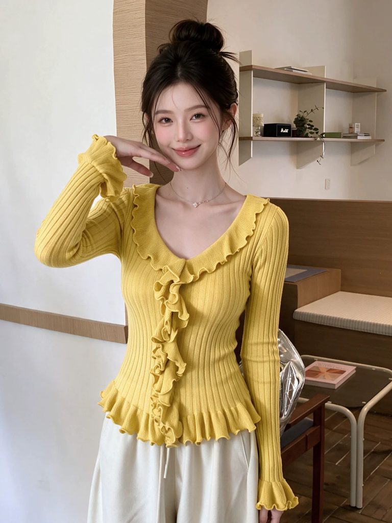 Women's Ruffle Knit Sweater V-Neck Long Sleeve Slim Fit Pullover - Style b5a0d3